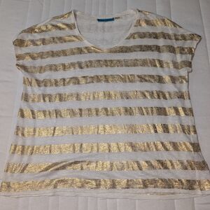 Alice + Olivia Gold and White Striped Short Sleeve Top
